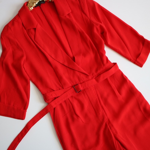 Bright Red V Neck Belted Jumpsuit - Picture 6 of 8